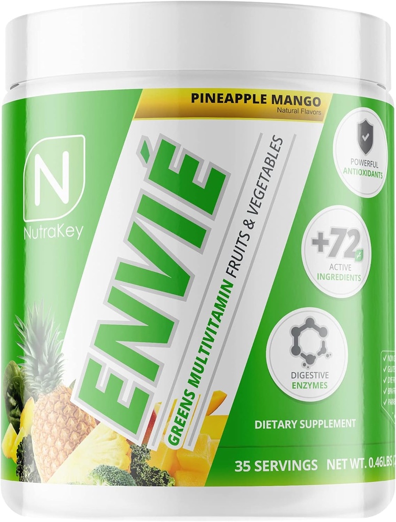 NutraKey Envie en poudre multivitamine, kéto multivitamine pour les hommes et les femmes, fruits, verts, antioxydants, enzymes digestives, acides aminés, poudre organique de vitamine B (pineapple, 210g)
