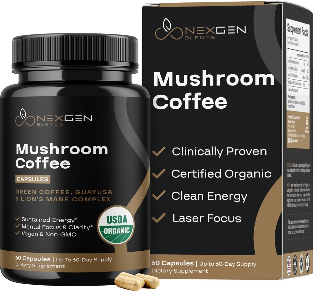 100% Biologische Paddestoelen Koffie Capsules - Natuurlijke Energie Supplement met 130mg Cafeïne van klinisch bewezen Gepatenteerde Green Coffee Bean & Guayusa Extracten voor Jitter-Free Energy & Focus (60 porties)
