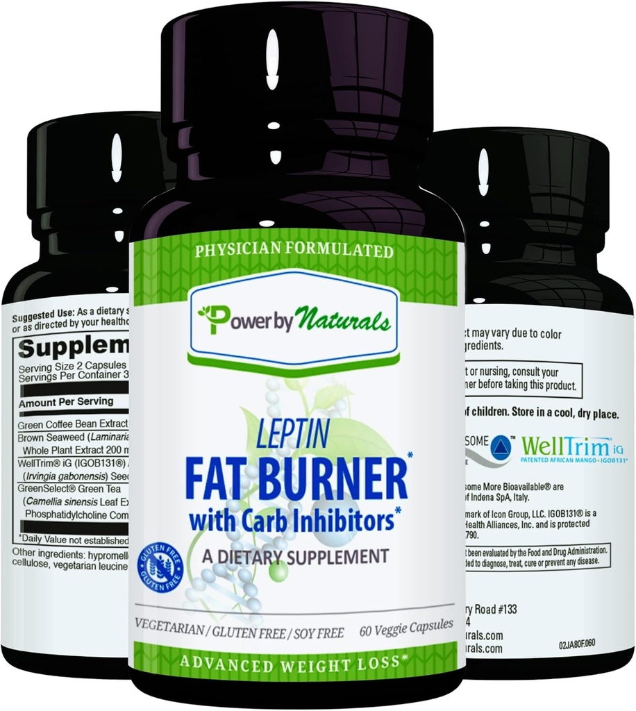 Power by Naturals: Leptin Fat Burner met Carb Blocker - 60 Glutenvrije Capsules, Leptin Weight Loss Diet Pillen, Efficient Fat Burner, Appetite Suppressant