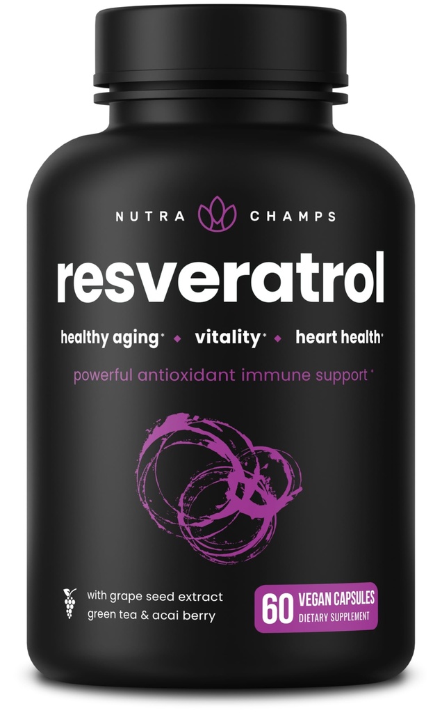 NutraChamps Resveratrol Supplement, Extra sterkte formule voor gezonde veroudering, Immune Support, 60 Vegan Capsules met Trans-Resveratrol, Green Tea Leaf, Acai Berry en Grape Seed Extract