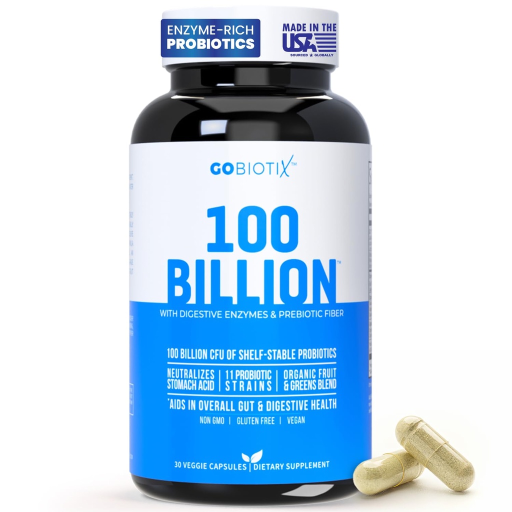 GOBIOTIX 100 Miljard - Digestieve enzymen Supplement - Probiotica Multivitamine - Prebiotic Fiber Blend - 100 Miljard CFU - Organic Fruit and Greens Blend - Vegan, Non GMO - 30 Capsules