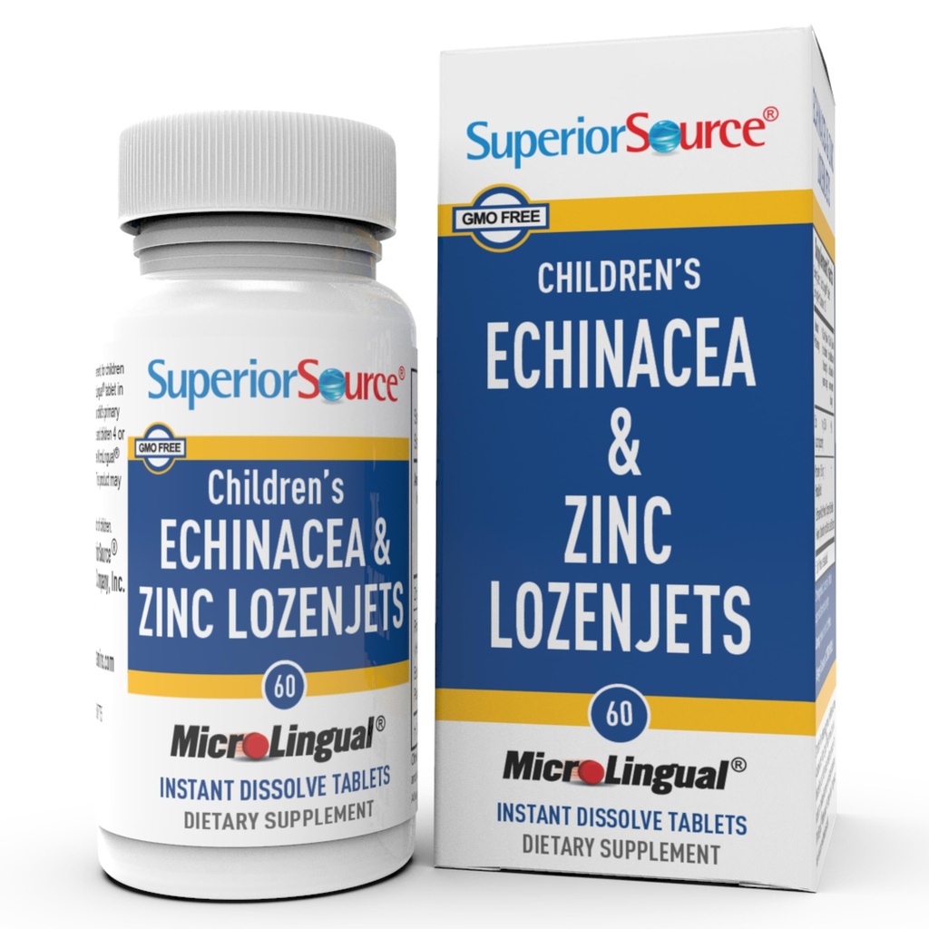 Source supérieure Echinacea & Zinc Lozenjets - Support immunitaire à base de plantes pour enfants - Non-OGM et sans gluten - Menthe poivrée - 60 comprimés dissolubles microLinguaux