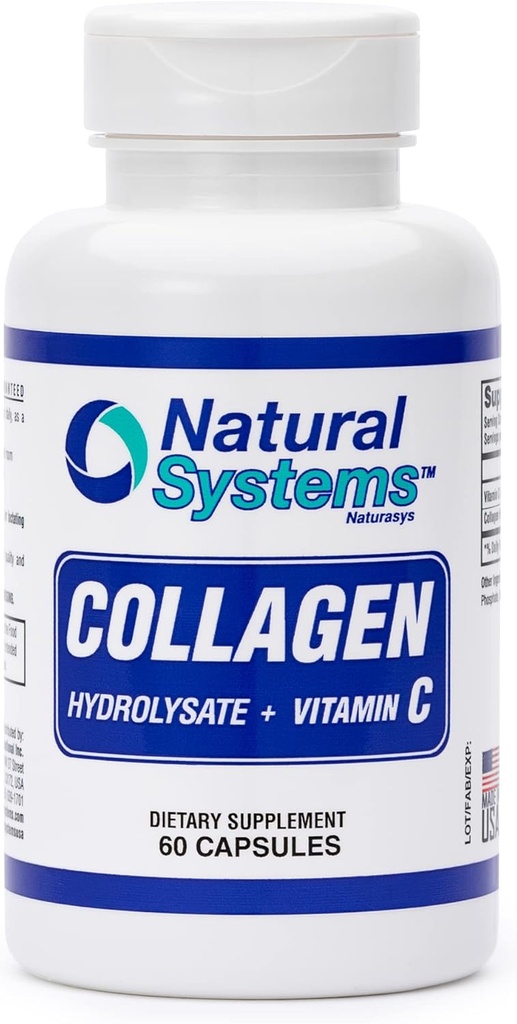 Collageen Plus Vitamine C by Natural Systems 60 Capsules - Collageen Hydrolysaat en Vitamine C for Vital Hair and Skin - Collageen Supplementen Vrouwen en Mannen - Gehydrolyseerde Collageen Peptides Powder Pillen
