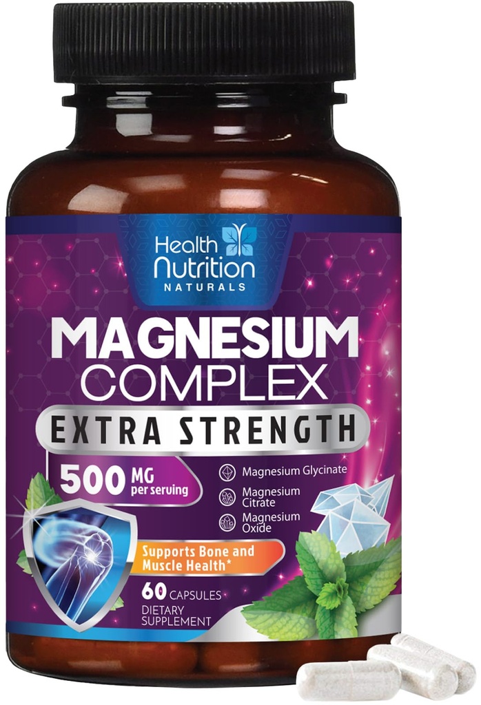 Magnesium Complex Capsules 500 mg met Oxide, Glycinate, Malate, Citrate - High Absorptie Complex Chelated Magnesium Mineral Supplements - voor spier-, bot- en hartgezondheidsondersteuning - 60 capsules
