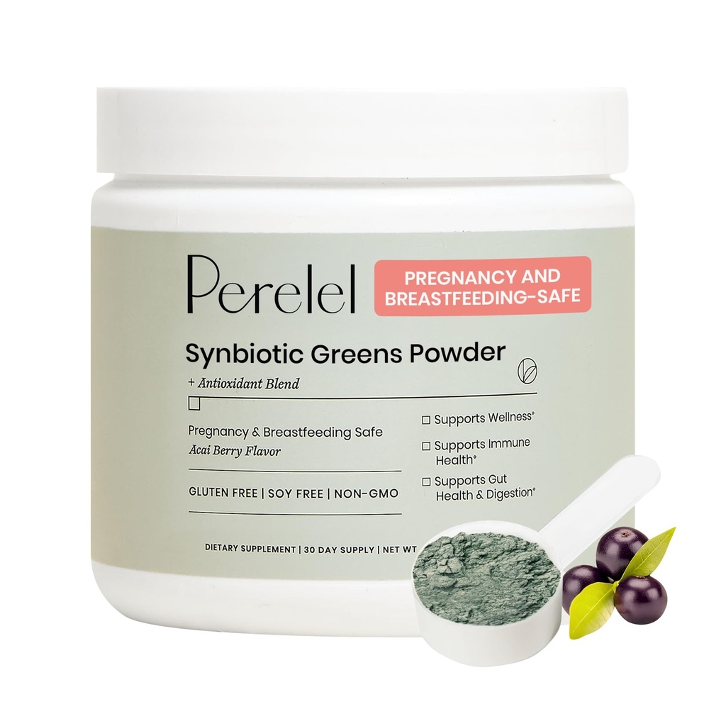 Perelel Synbiotic Greens Powder, Superfood Blend with Fruits, Greens, Probiotics, Fiber, Spirulina & Chlorella, Daily Greens Supplement, Soy & Gluten Free, Non GMO, Acai Berry Flavor, 30 Servers