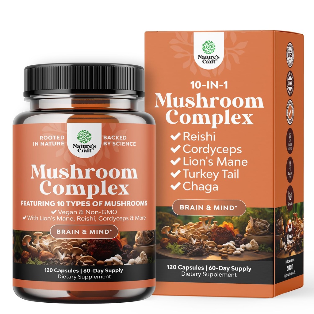 Capsules complexes avancées de champignons - 10X Lions Mane Complément Capsules avec Reishi, Chaga, Maitake & Shiitake pour la santé cérébrale Soutien et Focus - Nootropic pour la clarté mentale - 120 capsules
