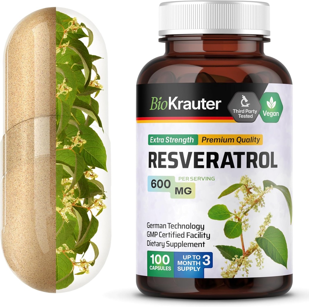 BIO KRAUTER Resveratrol Supplement Capsules 600 mg - 100 Compte - Source d'antioxydant naturel - 98 % Pure Trans Resveratrol Poudre - Vegan