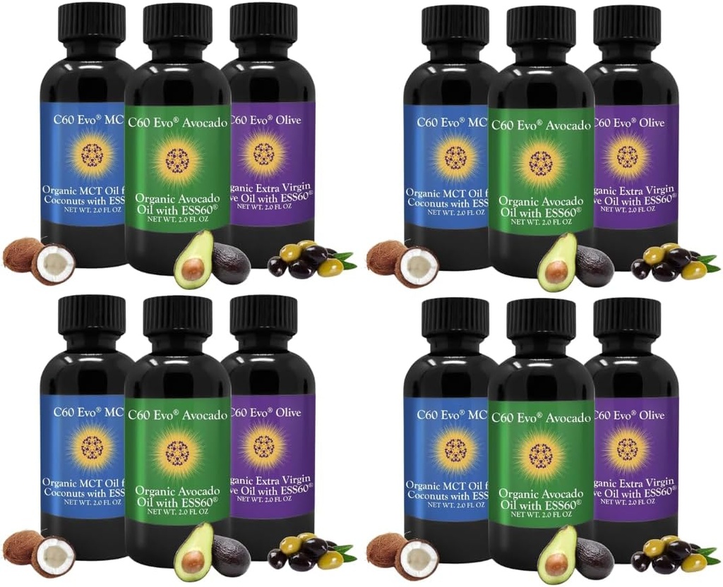 All-Natural Eetbare Oliën, Mini Oil Sampler set met Pure C60 ESS60, Immune Ondersteuning en Gezamenlijke Ondersteuning Supplement met Olijfolie, Avocado Olie & MCT Kokosolie, Set van 12, 2 Oz Elk