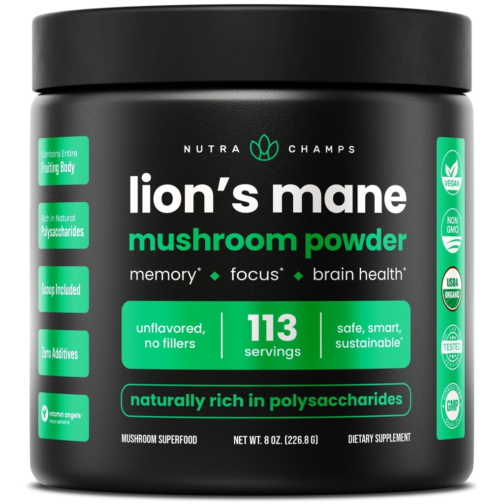 NutraChamps Lions Bio Poudre de Mane - 2000mg Nootrope puissant pour la mémoire, le focus, le soutien immunitaire - Lion végétalien La Mane Poudre de Champignon Supplément avec naturellement des bêta-glucanes - 8oz
