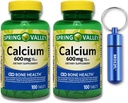 Calcium Bone Health Dieetsupplement Tabletten, 600 mg, 100 Telling (2-pack) bundel met BROS2FL Keychain Waterdichte Portable Metal Pill Box (2 items)