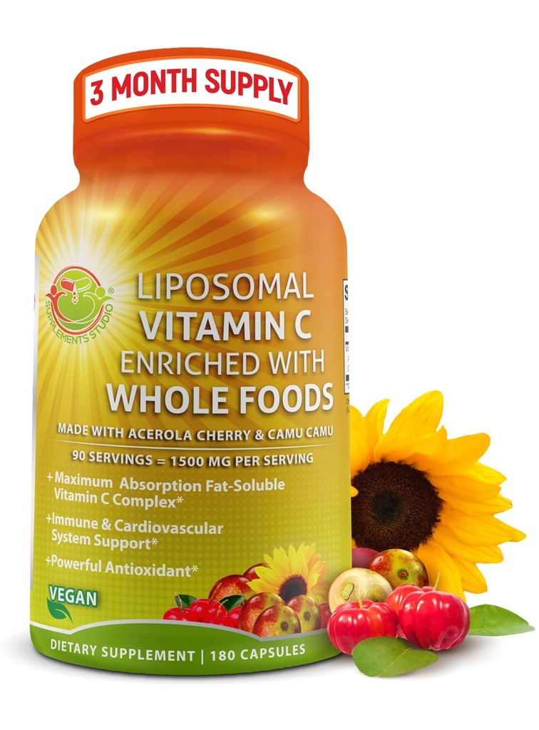 Liposomale vitamine C capsules - 1500mg - Gemaakt met biologische Acerola Kersen & Camu Camu, Hoge Potentie Vitamine C Liposomale - Immuun Ondersteuning Supplement, Verbeterde Absorptie & Biobeschikbaarheid - 180 Tel.