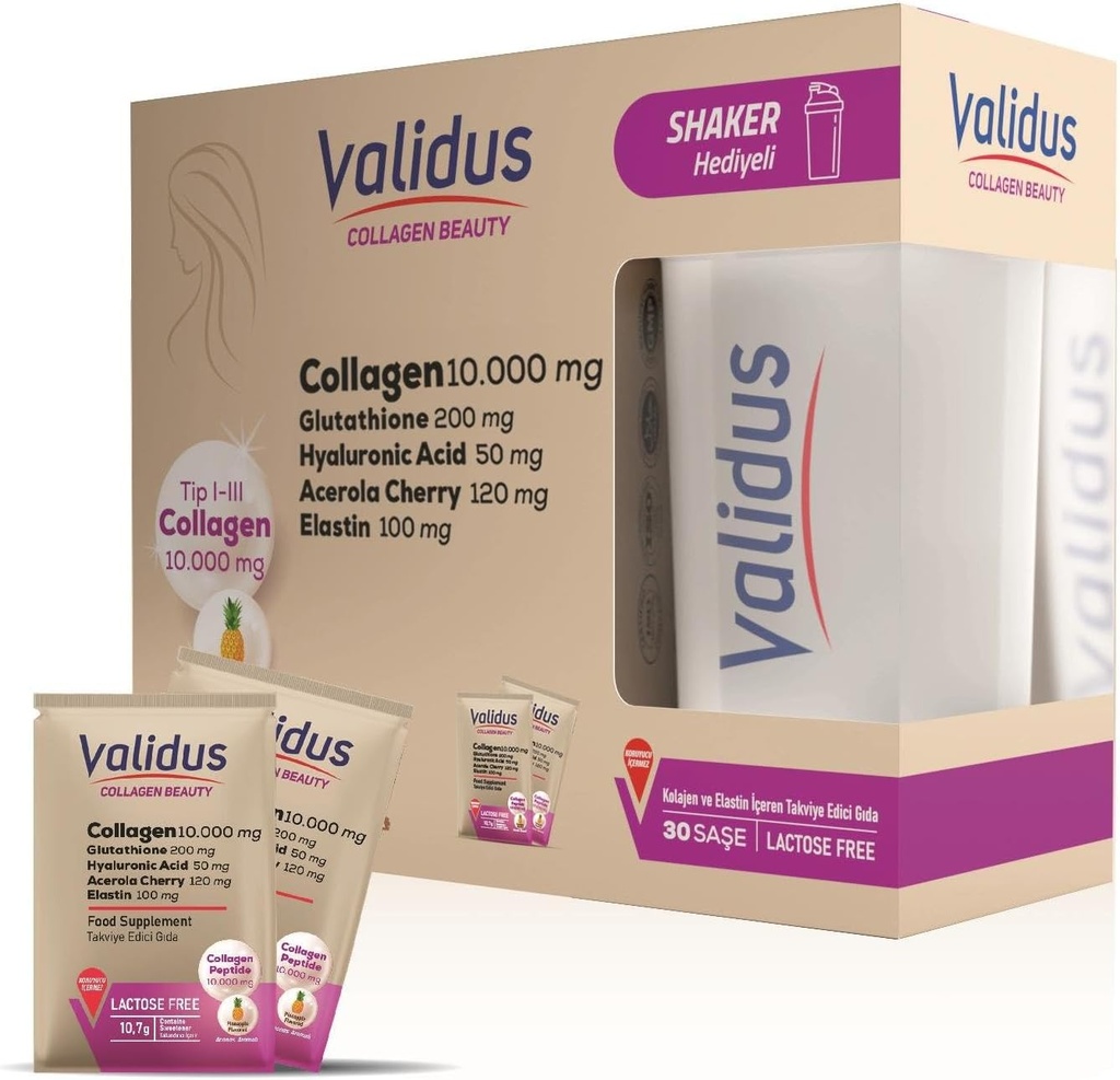 VALIDUS Collageen 10.000 mg + Elastine 100 mg + Glutathion 200 mg 30 Sachets + Shaker