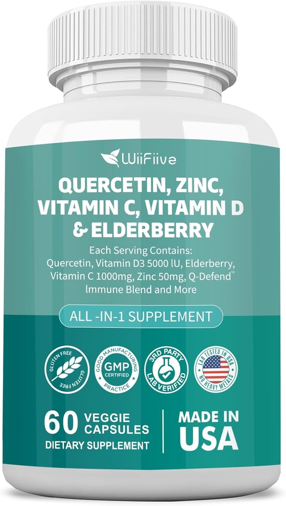60 graaf Quercetine 50 mg zink 1000 mg vitamine C 5000 IE vitamine D3 1000 mg kurkuma 1000 mg vlierbessen met Q-verdedig Immune Blend Reisshi Nettle Arteemisinin, Non-GMO, Free Supports Health