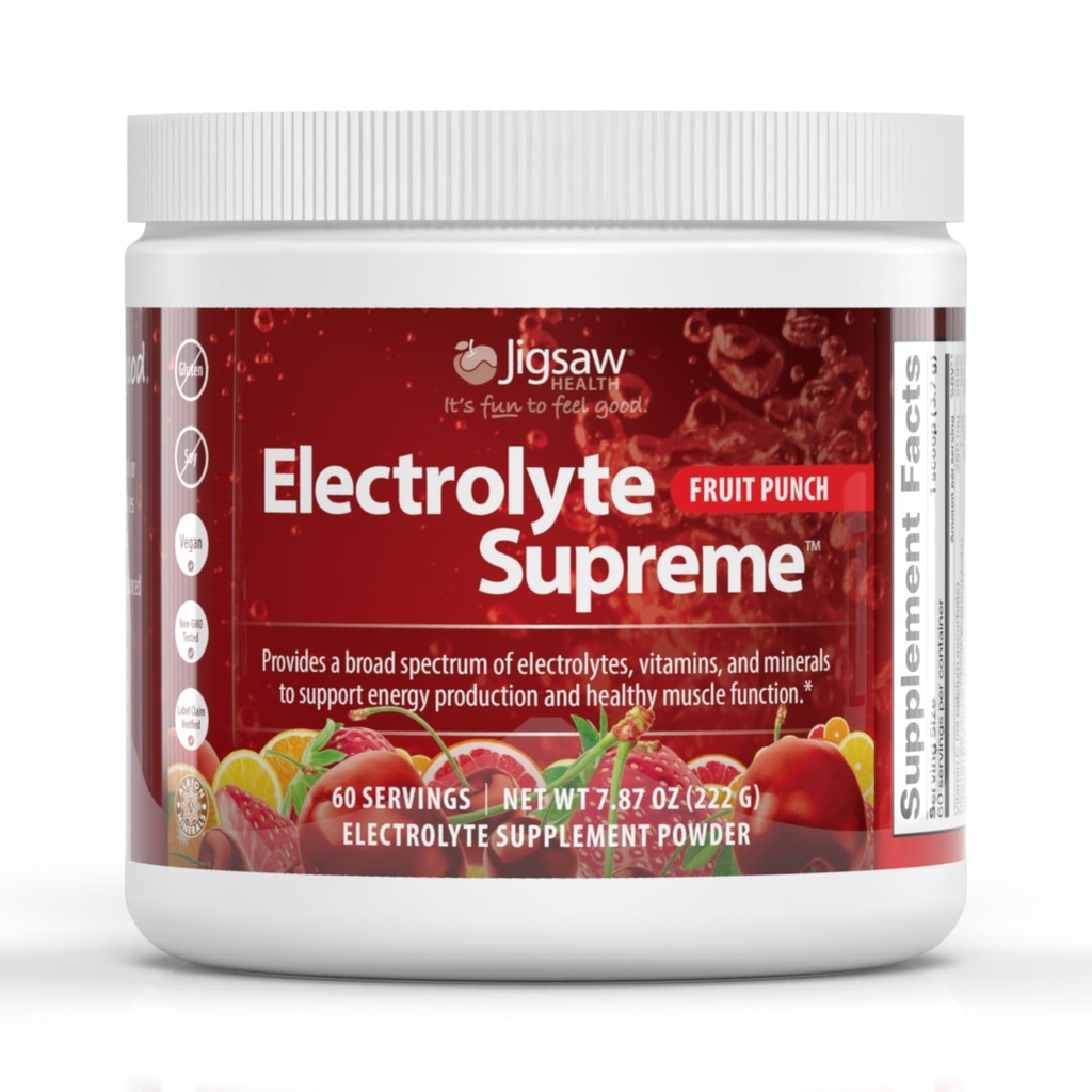 Jigsaw Health Electrolyte Supreme : large spectre d'électrolytes + minéraux traces : parfum de punch de fruits : 60 portions (Jar)