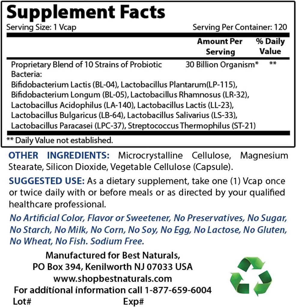 Best Naturals Probiotic 10 Strains & 30 Miljard CFU & Vitamine B2 (Riboflavine) 400mg