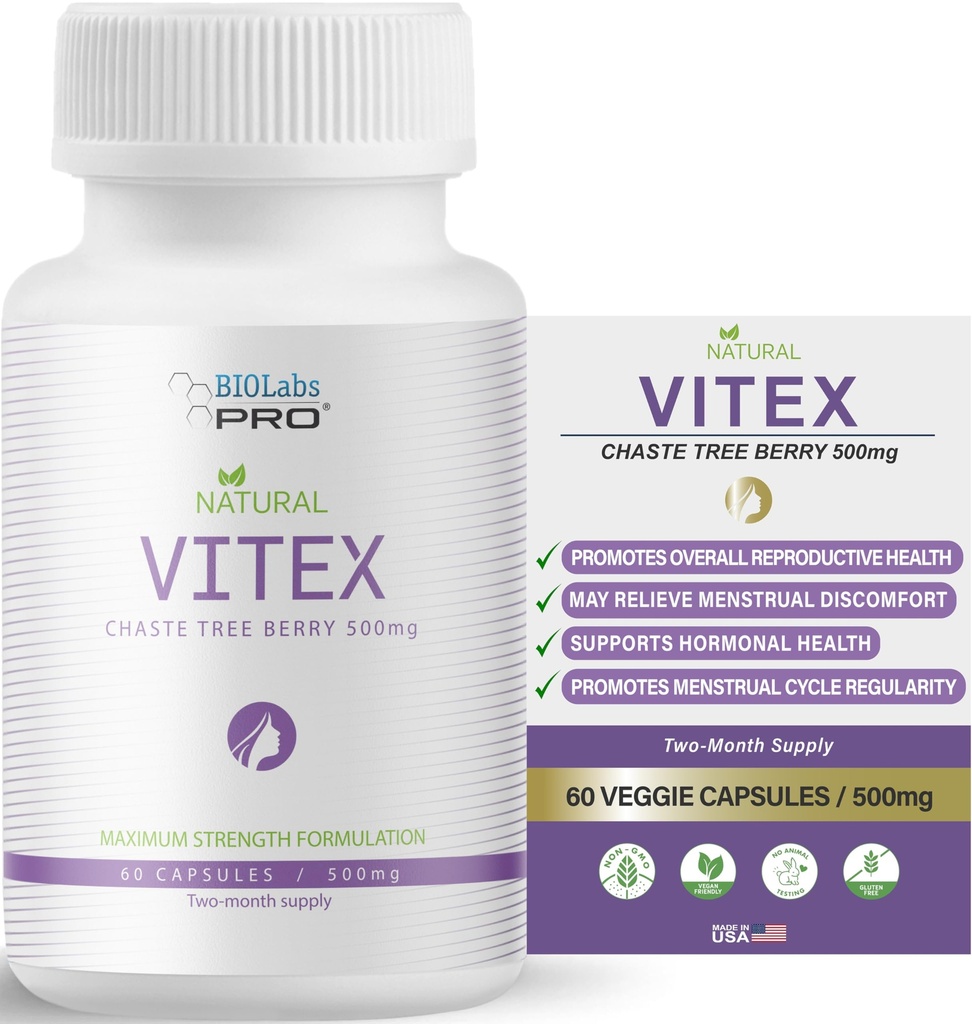 BIOLABS PRO Supplément naturel de chasteberry de Vitex pour les femmes - Extrait de baies d'arbre de Chaste pur 500mg, Formulation de la force maximale, Capsules végétaliennes, soutient l'équilibre hormonal - (60 capsules - 2-Mois d'approvisionnement)