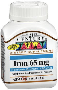 21st Century Iron 65 mg met Ferrous Sulfate 325 mg - 100 tabletten, verpakking van 4