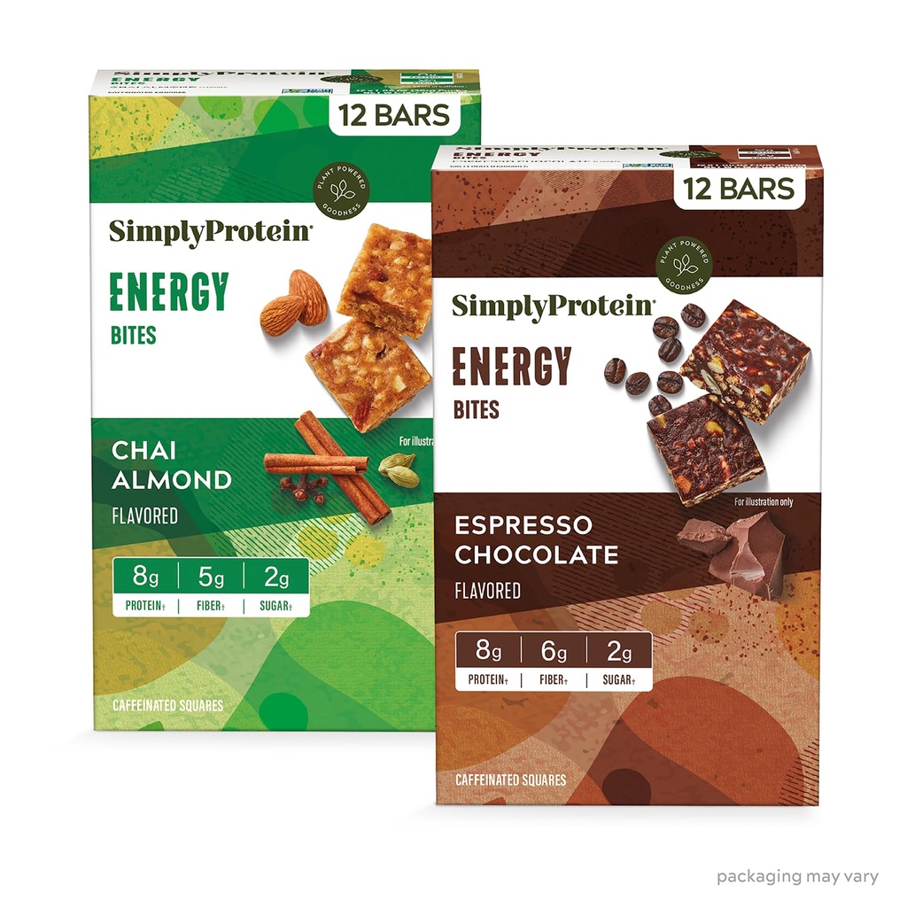 Gewoon eiwit - Energy Bites Variety Pack, 24 Bars - Plant Based Cafeïnated Squares - 55mg Cafeïne - Energie Boost - 8g Proteïne, 2g Suiker, 5-6g Vezel, 120-130 Calorieën - Veganistisch, Glutenvrij, Niet GGO