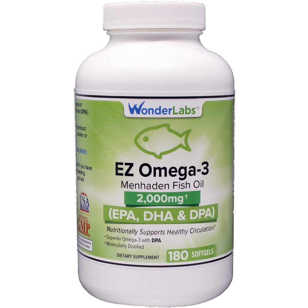 Wonder Laboratories EZ Omega-3 Atlantic Menhaden Supplément d'huile de poisson 2000 mg, sans Burpless, fabriqué aux États-Unis, parfait équilibre de l'EPA+ DHA + DPA 180 Softgels