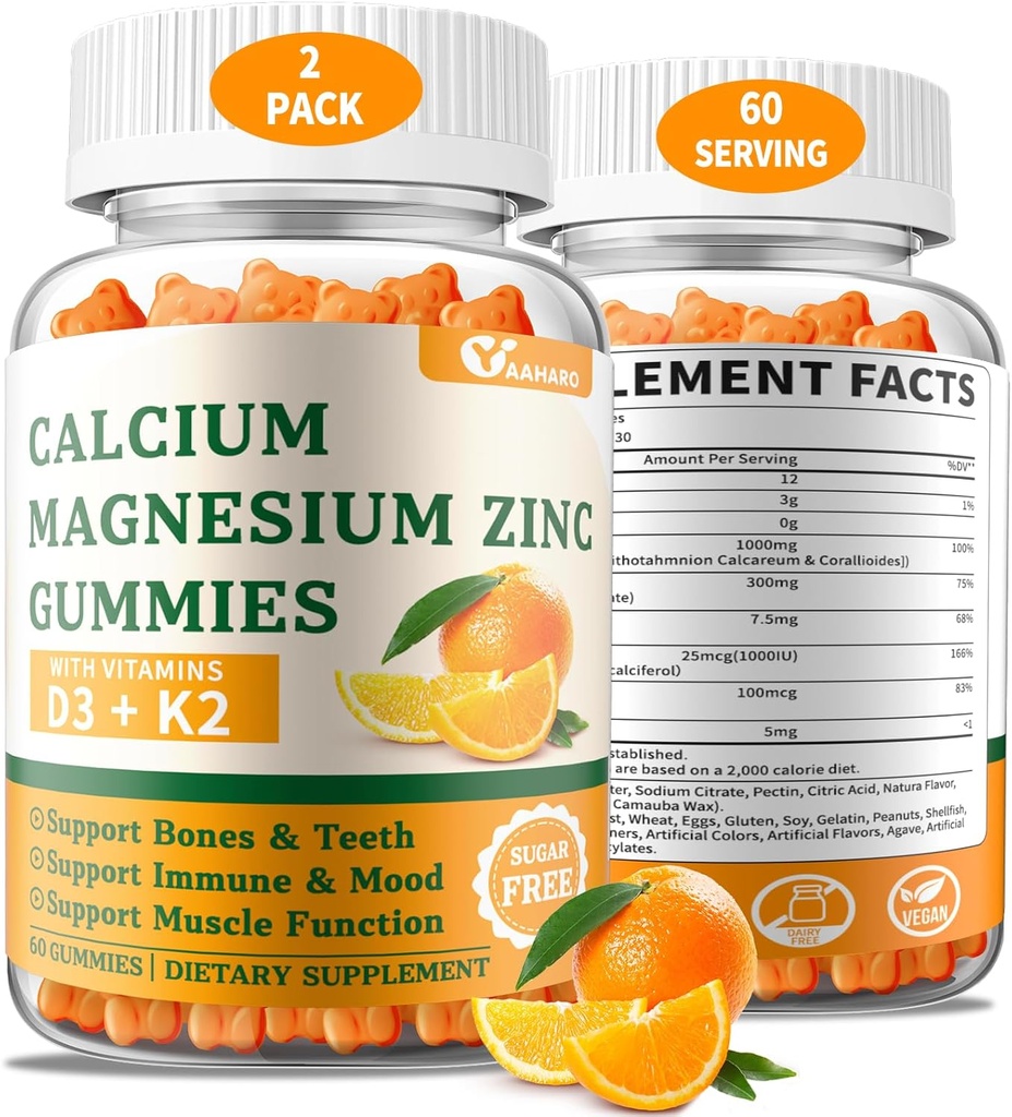 (2 verpakkingen) Calcium Magnesium Zink Gummies met vitamine D3 & K2 - Suikervrije Calcium Gummies voor vrouwen en mannen - Bone & Immune Support - Non-GMO, Glutenvrije, Orange Flavored - 120 Tel.