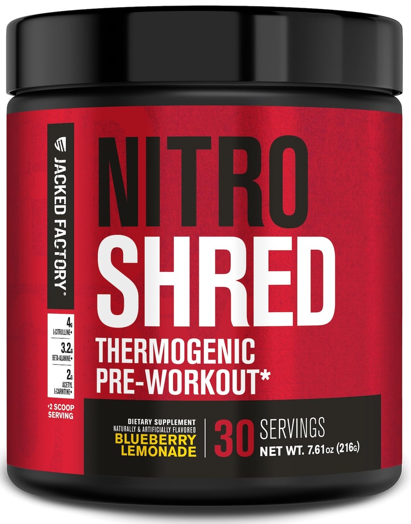 Jacked Factory NITROSURGE Shred Pre Workout Supplément - Booster d'énergie, gains de force instantanés, focalisation pointue, pompes puissantes - Booster d'oxyde nitrique et poudre de prétravail - 30Sv, Cimonade Blueberry