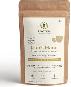 ROOTED Active's Lions Mane Mushroom Extract Powder USDA Organisch, 38% Geverifieerde Beta Glucans