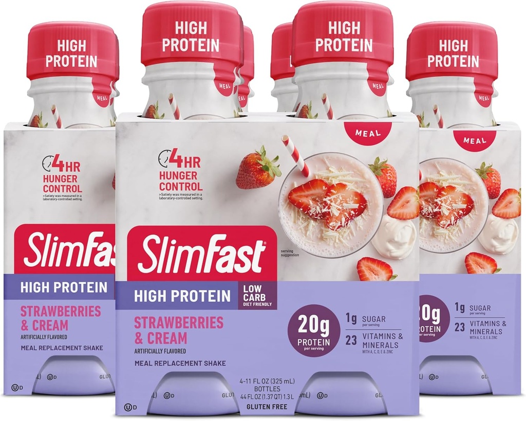 SlimFast Advanced Nutrition Meal Replacement Protein Shake - Ready To Drink, Pink, Strawberries & Cream, 4 Bottles (Pack of 3)