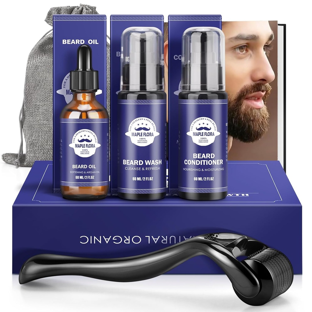 Baard Gift Kit - Olie, Wash, Conditioner, Roller (Needle Lengte: 0,25mm) voor Baard, Opbergzak, Mustache Gifts Set voor Vriend Man Vaders Papa Mannen Hem