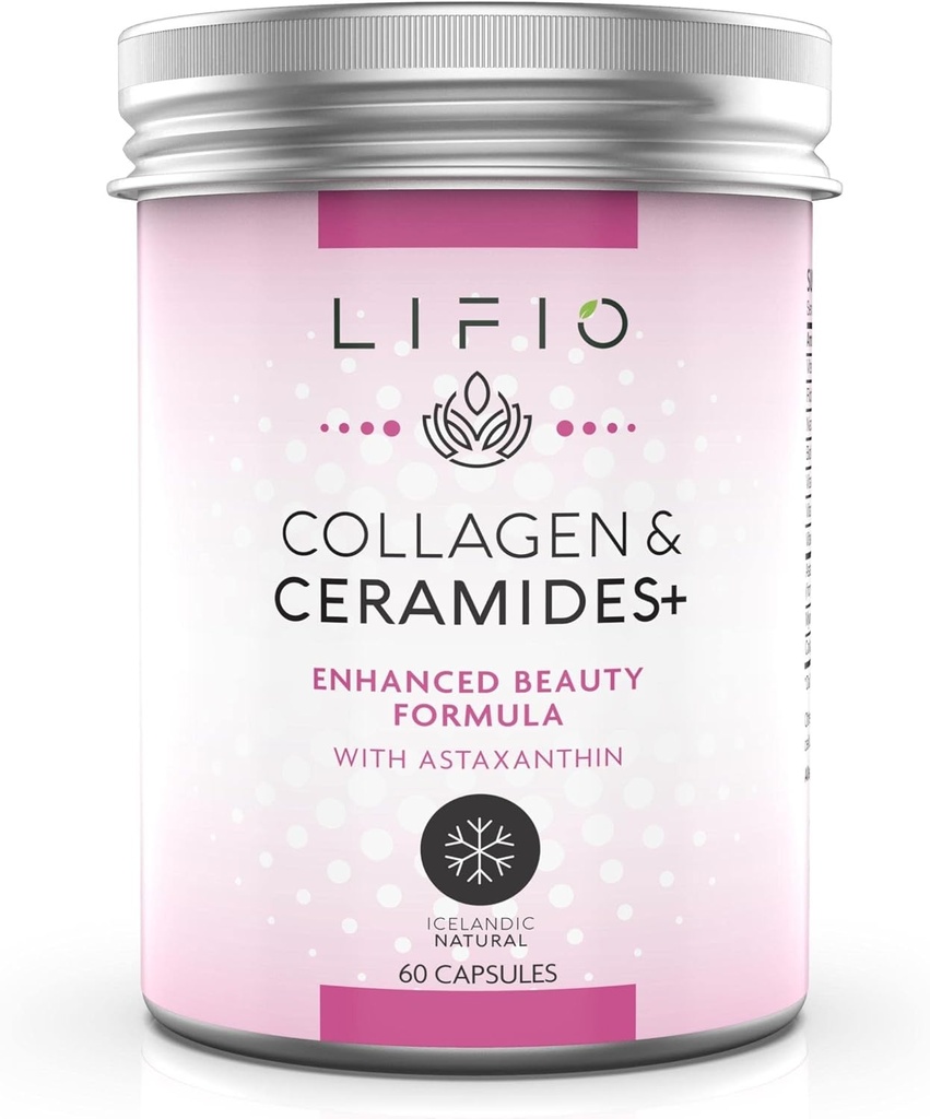 Collageen & Ceramides+, Verbeterde Beauty Formula met Astaxanthine & Biotine, Vitamine A, B2, B3, B12, C & D bevordert de hydratatie en elasticiteit van de huid, niet-GMO, Glutenvrij, sojavrij, 60 capsules
