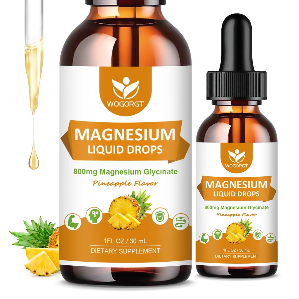 Magnesium Glycinate Liquid Drops with Citrate & Taurate - Cognition, Muscle & Focus, Liquid Magnesium Complex Supplement with Vitamine D3, GABA, L-theanine, Ananas Flavor - 1 Fl Oz (2 Pack)