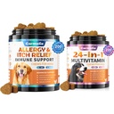 Hondenallergie Kauwen + Carmelie 24 in 1 Honden Multivitamine Kauwbaar - 400 Treats - Seizoensgebonden Allergie Relief + Hondenvitaminen voor Hip & Joint, Huid & Coat, Immune Health (Chicken Flavor)