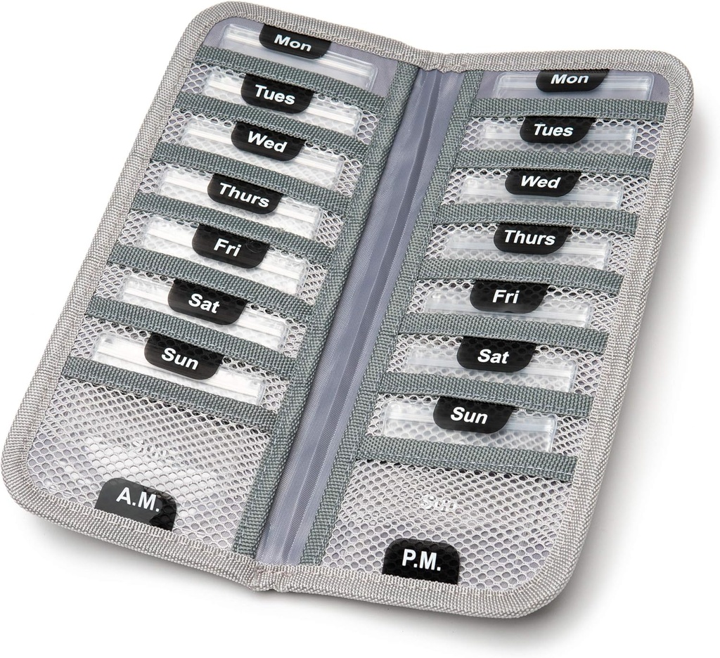 AM/PM Bi-Folding Pill Organizer + Supplement Case for OTC Medicine, Prescription + Vitaminen - 14 Label maandag-zondag Slide Lock Zakken, Grey Travel Pill Case