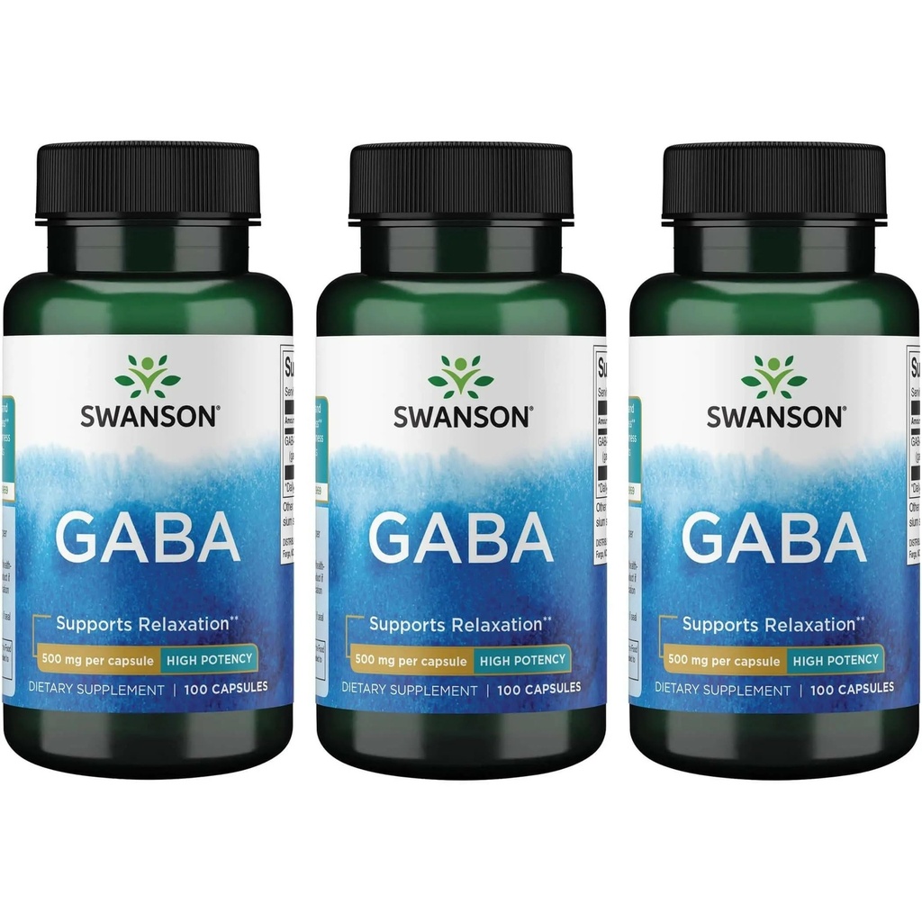 Swanson GABA - Aminozuursupplement ter bevordering van rust en ontspanning ter ondersteuning van rustgevende slaap - hoge potentieformule ter ondersteuning van gezonde stressniveaus - (100 capsules, 500 mg elk) (3 verpakkingen)