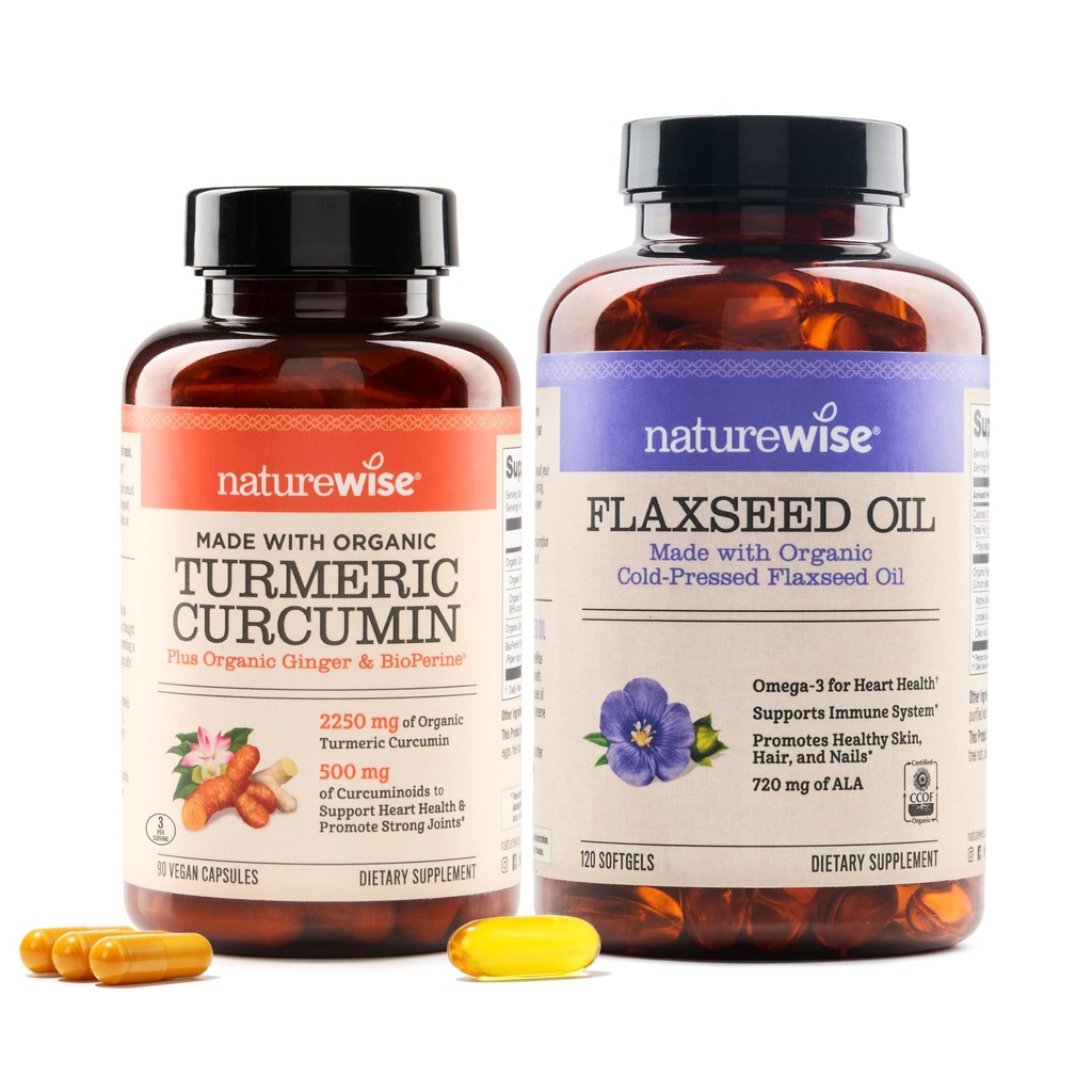NatureWise Curcumin Turmeric 2250mg & Huile de lin 1200mg Oméga 3 6 9 Softgels pour le soutien articulaire, cardiaque et immunitaire [1 & 2 mois]