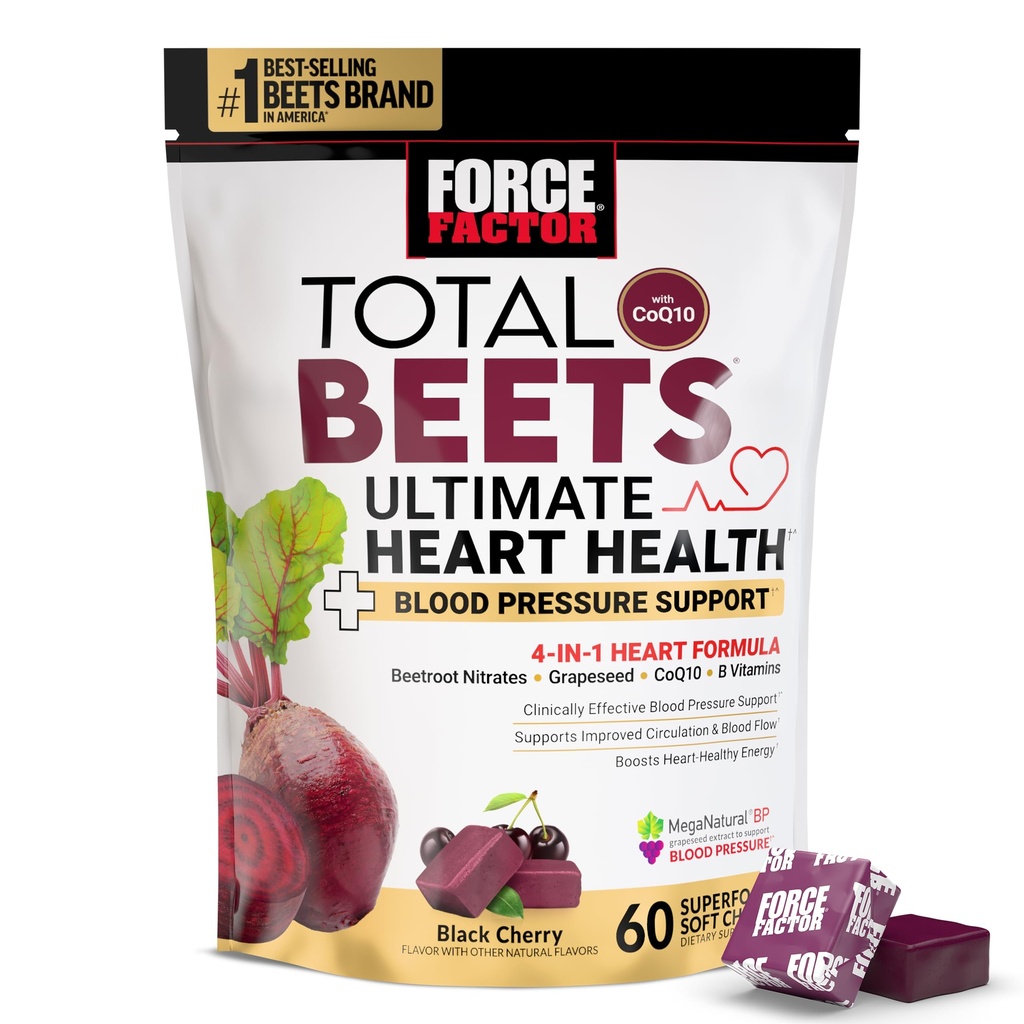 FORCE FACTOR Total Beets Ultimate Heart Health Kauwt voor Blood Pressure Support, met Beetroot Powder, CoQ10, B Vitaminen & Grapeseed Extract voor Blood Flow & Energy, Black Cherry, 60 Zachte Kauwen
