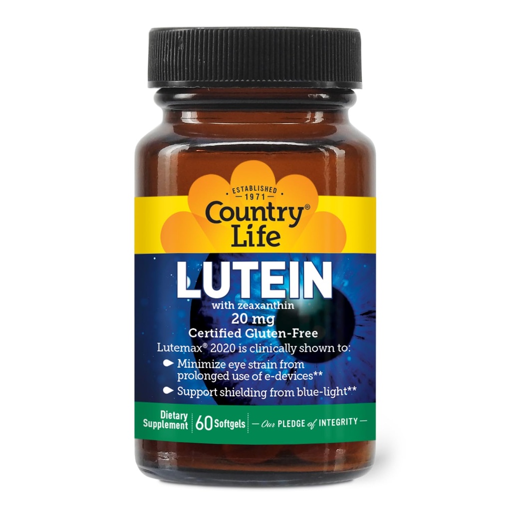 Country Life Lutein 20 mg supplement - Gecertificeerd Glutenvrij - Eye Health Support met Lutein en Zeaxanthine - Vermindert de oogstam van Screens - Geen Gist, Maïs, Tarwe, Melk - 60 Softgels