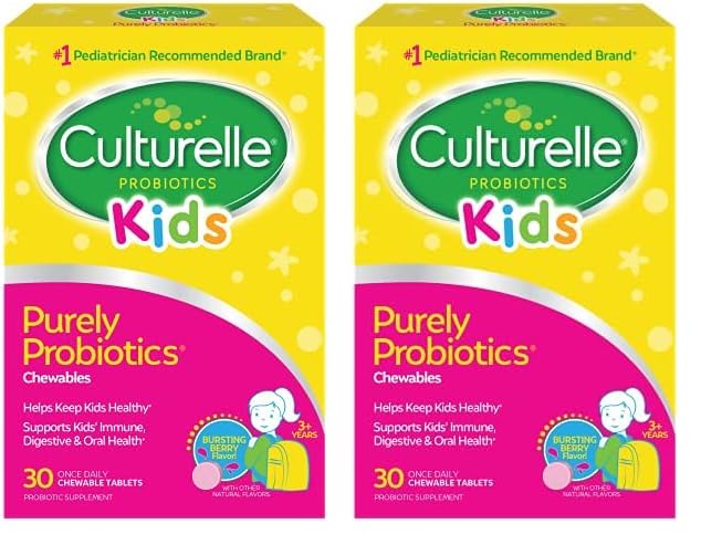 Culturelle Kids Chewable Daily Probiotic pour enfants, 3 ans et plus, marque recommandée par les pédiatres, Berry naturel, probiotiques quotidiens pour la santé digestive, soins buccodentaires et soutien immunitaire, 2 mois d'approvisionnement