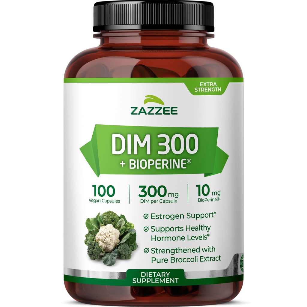 Zazzee DIM 300 mg per capsule, 100 Count, Plus 10 mg BioPerine, Estrogen Balance, Hormonal Acne, Menopauze Support, Hormonal Balance, Diindolylmethaan, Veganistan, All-Natural, Non-GMO, Made in The USA