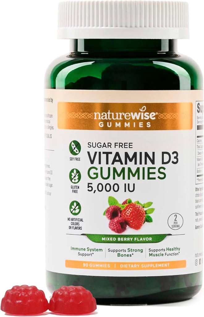 NatureWise Vitamine D3 5000 IE Gummies - Suikervrije gemengde Berry Flavor - Vitamine D Gummies voor volwassenen, Ondersteunt immuniteit, spier- en botsterkte -Gelatin-Free, Non-GMO - 90 Gummies[45-Day Supply]