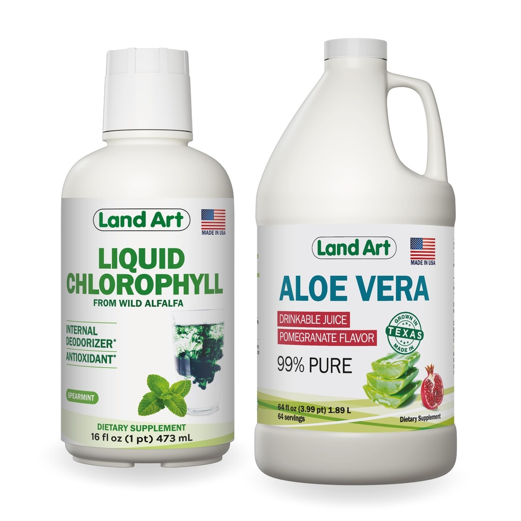 Land Art Aloë Vera Juice - Granaatappelgearomatiseerd - Koud verwerkt - Innerlijke Filet van biologische verse bladeren - 64floz + Liquid Chlorofyl Mint Flavored - Cold Extracted from Wild Non-GMO Alfalfa - 16floz