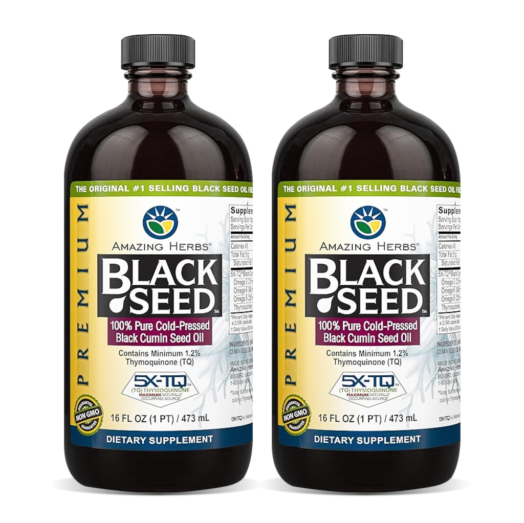 Verbazingwekkende kruiden Premium Black Seed Oil - Glutenvrij, Niet GGO, Cold Pressed Nigella Sativa Aids in Digestive Health, Immune Support, Hersenfunctie - 16 Fl Oz (pakket van 2)