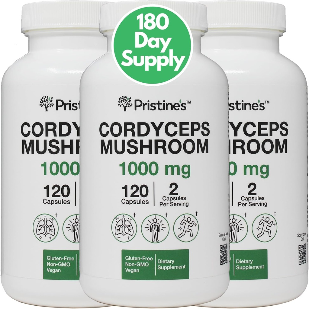 PRISTINE'S Cordyceps Mushroom (3 Pack) 1000 MG - Performance athlétique, Endurance et Immunity Adaptogen Capsule Supplément - 180 jours d'approvisionnement - Anti-vieillissement Support Antioxydant