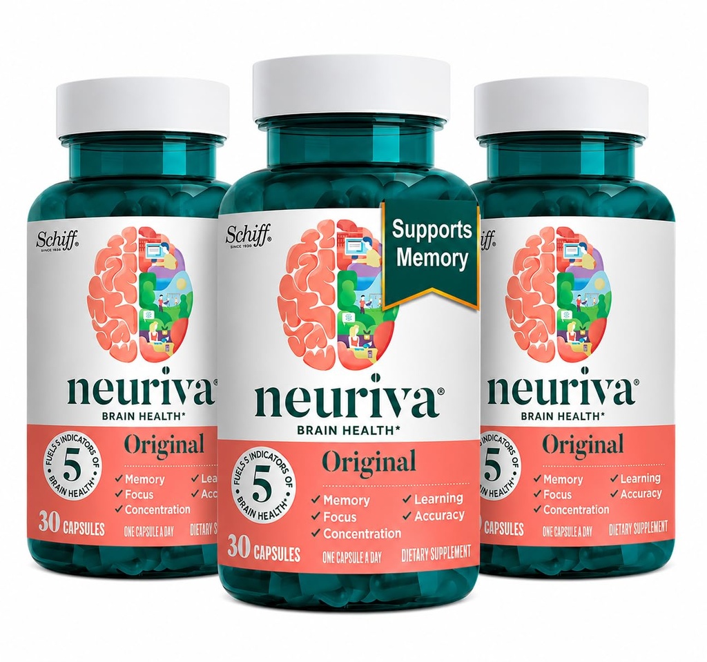 NEURIVA Original Brain Supplement for Memory, Focus & Concentration + Learning & Accuracy with Clinically Tested Nootropics Fosfatidylserine and Neurofactor, Cafeine Free, 30 Capsules (3 Pack)