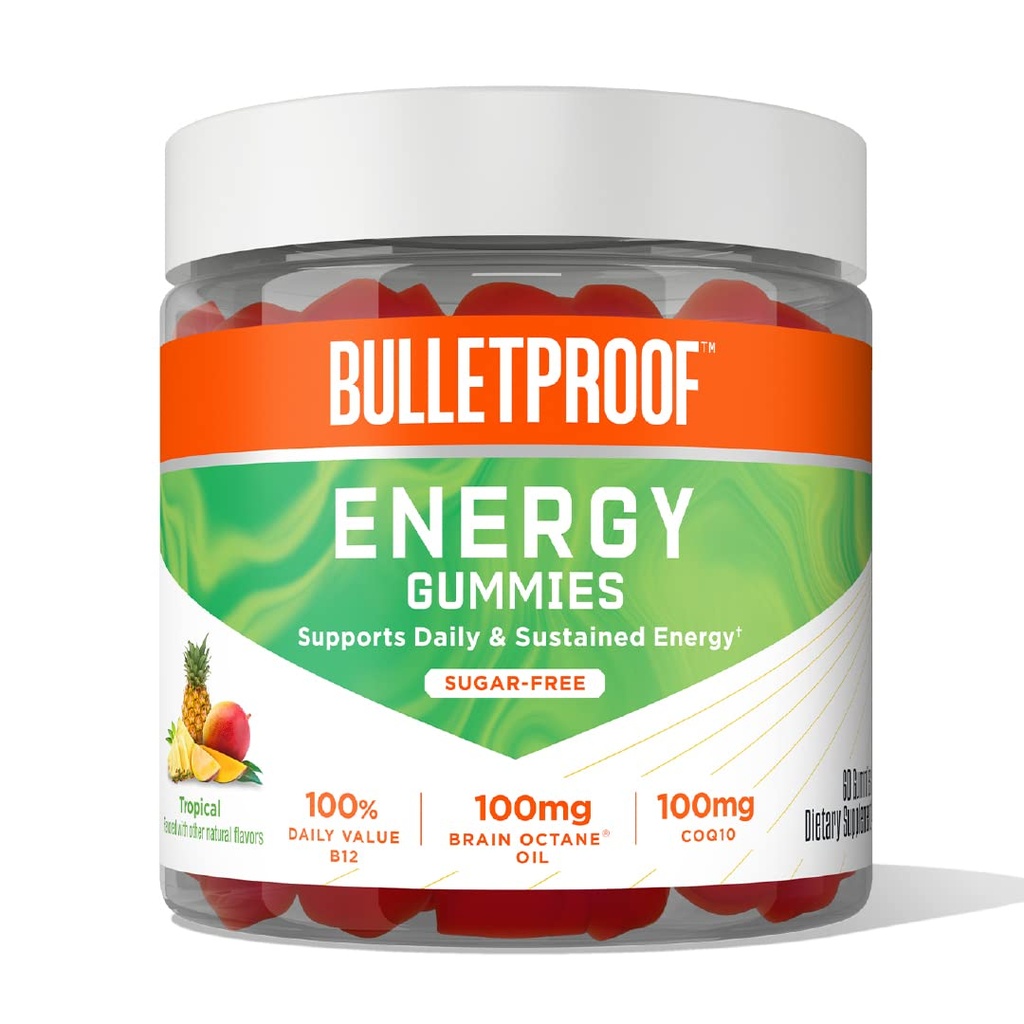 Bulletproof Sugar-Free Tropical Energy Gummies, 60 Count, Supplement voor dagelijkse en duurzame energie met 100mg CoQ10, Dagelijkse waarde van B12, 100mg Brain Octane Oil