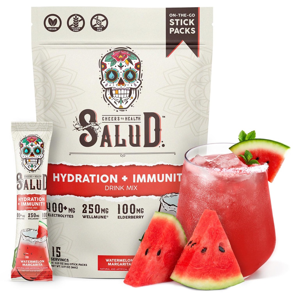 Salud 2-in-1 Hydration and Immunity Electrolytes Powder, Watermeloen Margarita - 15 Servers, Agua Fresca Drink Mix, Vlierbes, Dairy & Soy Free, Non-GMO, Glutenvrij, Veganistisch, Lage Calorie, 1G Suiker