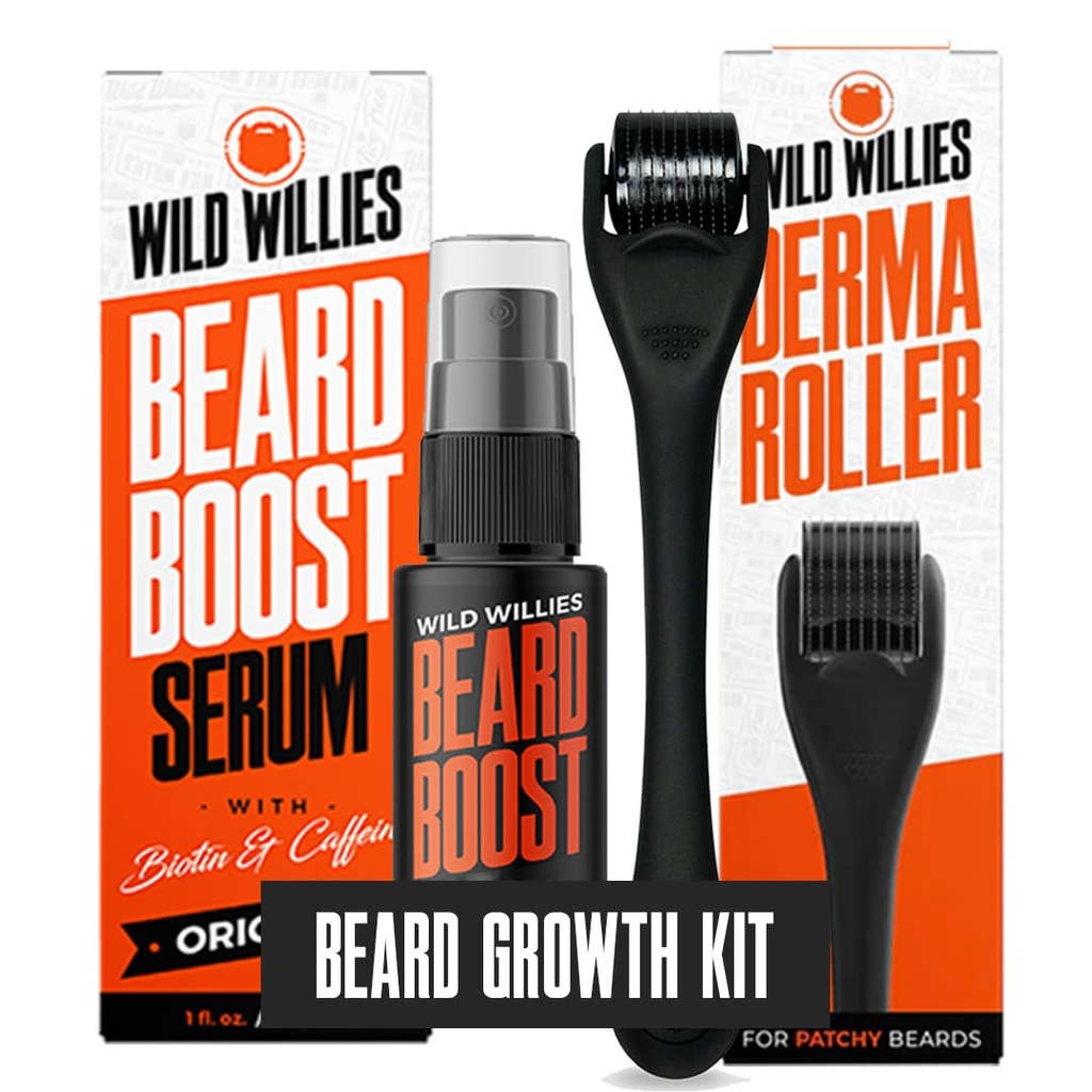 Wilde Willies Baard Groei Kit - Premium Derma Roller & Baard Boost Serum - Microneedle Roller & Baard Haargroei Serum met Biotine & Cafeïne voor Fuller Baard, Scalp Care - Gemakkelijk te gebruiken Kit met Case