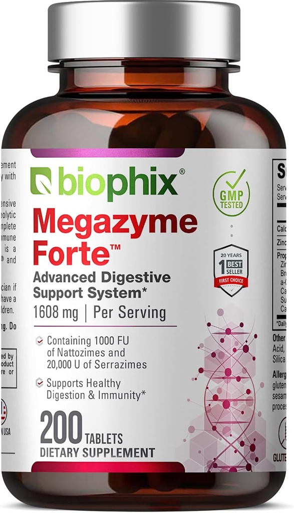 biophix Megazyme Forte 200 Tablets - Natural Plant Proteolytische Enzymes Nattozimes Serrazimes ondersteunt spijsverteringssysteem Immune Health