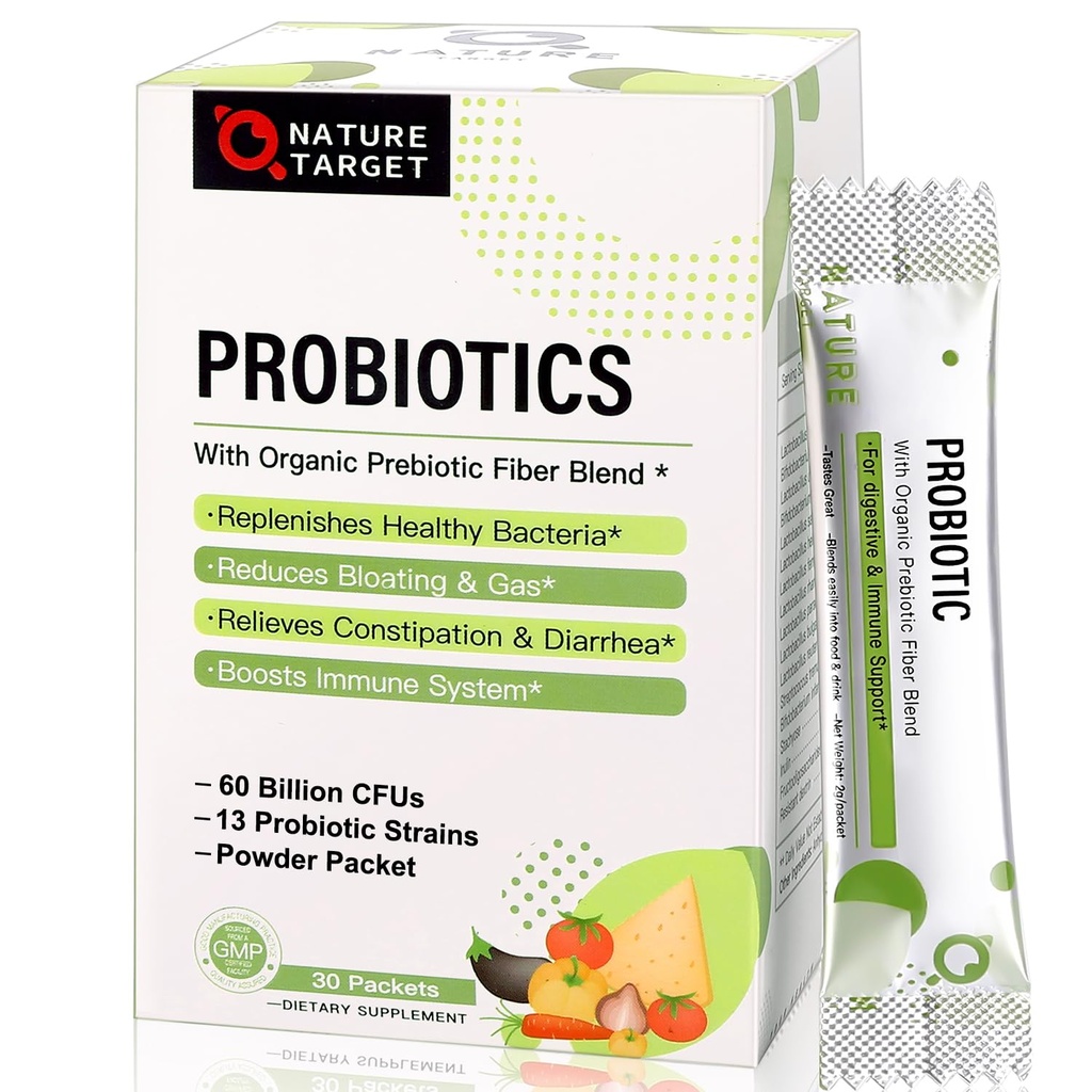 NATUUR TARGET Probiotica voor vrouwen-mannen-kinderen Probiotische poeder 60 miljard CFUs 13 strains - Prebiotica en probiotica voor de spijsvertering gezondheid, Plank Stable, Non-GMO, Glutenvrij 30 Packets