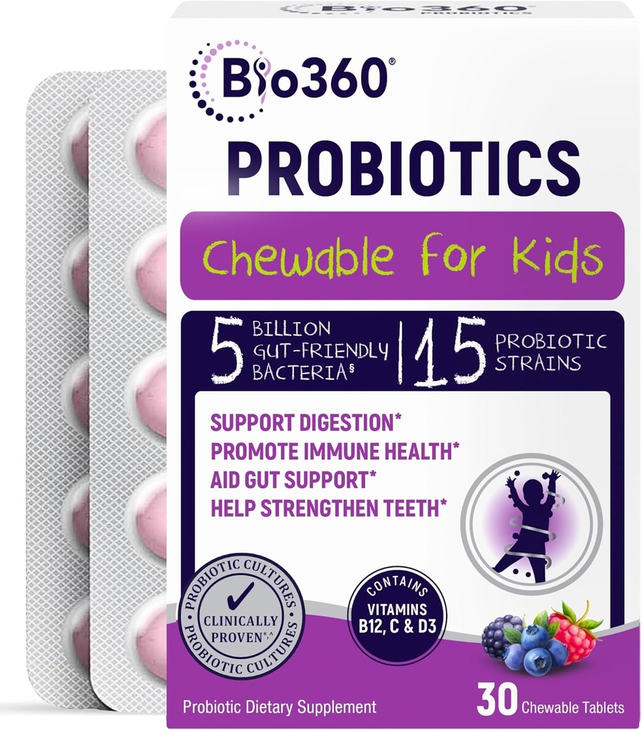 Bio360 Probiotica voor kinderen - 15 Strains & 5 Miljard CFU Ondersteunt Hersenen, Immune & Digestieve Gezondheid - Kinderen Probiotica Kauwbaar met biologische Prebiotica voor Gut & Constipatie, Gemengde Bessensmaak, 30 Tel.