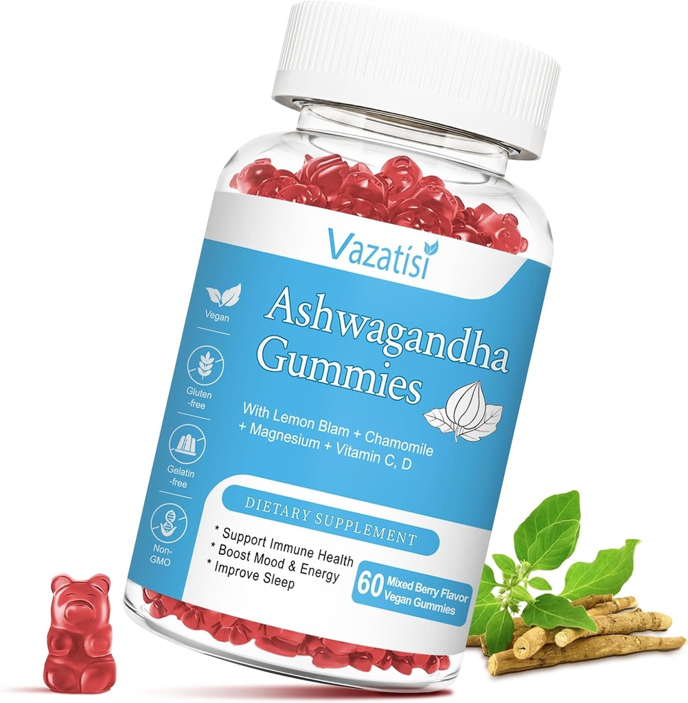 Gommies Ashwagandha sans sucre pour les femmes hommes, supplément d'extrait de racine d'ashwa biologique pour la détente rééquilibre, végétalien sans gluten, 60 comte
